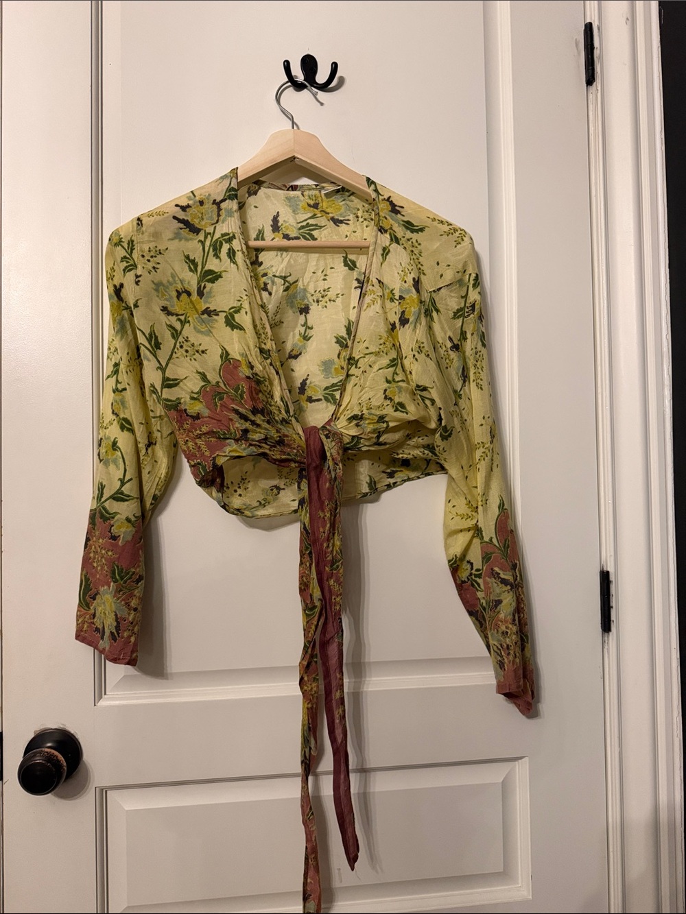 Tied Floral Crop Blouse in Yellow-Green | 100% Cotton